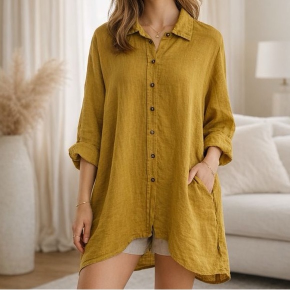 Bottega Di Brunella Tops - La Bottega Di Brunella Button Up Linen Top in Gold
